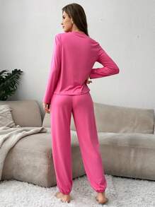 Women Simple Solid Color Pajamas Set, Long Sleeve Crew Neck Top & Sweatpants, Comfortable Casual Fit, Suitable For Autumn - Hot Pink - View 2