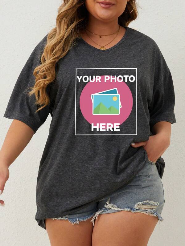 Customized Photo Printed Plus Size Loose T-Shirt For Women, Personalized With Couple/Family/Friend/Selfie/Pet Photos For Christmas, Birthday, Valentine's Day, Mother's Day, Anniversary