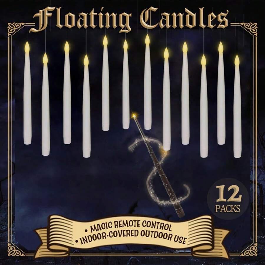 Bougies LED Flottantes,12 Pièces Magiques A Suspendre Avec Baguette Et Minuterie,Lumière Chaude Vacillante Sans Flamme A Piles Pour Décoration Halloween,Noël,Anniversaire,Fêtes[Classe Energétique A