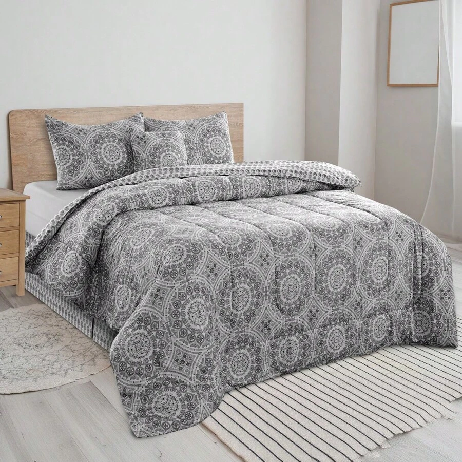 5-Piece Comforter Set – Lux Decor Collection – Lightweight Microfiber With Plush Texture – Opulent Design – All-Season Warmth – Elegant Bedding With Pillow Shams & Bed Skirt – Cozy Comforter, Elegant Bedding Set, Luxury Bedroom Essentials, Valentine's Day Romantic Bedroom, Spring Bedding Set, Complete Bed In A Bag, Matching Decor, Elegant Design, Luxury Look, Gift Set Idea, Guest Bedroom Ready, Modern Bedroom Style, Easy Bedroom Refresh, All-Inclusive Bedding, Daily Living, Home Comfort, Family Choice - Màu xám Aztec - Xem 1