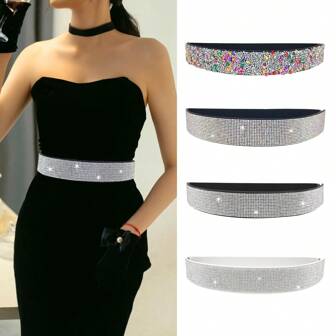 1pc Elegant Women Crystal Studded Stretch Waist Belt, For Dresses Wedding Party Accessories Summer, School Fall, Autumn, Halloween