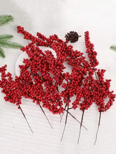 6/12Pcs Red Berries Ramos Artificial Foam Holly Berry Flor Frutas Buquê Estame Planta DIY Guirlanda Festa de Natal Decoração de Casa, Natal