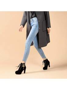 High Heel Boots For Women,Womens Platform Boot Heels Sexy Round Toe Lace UP High Heels Mid Calf Boots - 黑色-BO46LQ - 查看 4