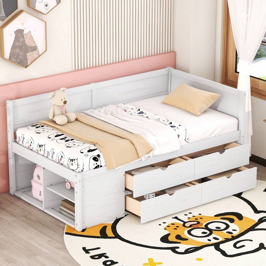 Solid And Stable Twin Size Elegant Design Daybed With Drawers And Shelves, Pine Wood Day Bed With Maximized Space For Office/Living Room/Bedroom, Sturdy Slats Support Wooden Sofa Bed For Teens Adults - trắng - Xem 1