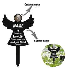 1 件定制照片和名字纪念天使翼形木桩亚克力墓碑墓地花园装饰用于纪念心爱的宠物、母亲、父亲和亲人 - 黑色 - 查看 10