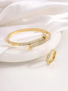 2件套精美不锈钢八角星手链戒指套装，适合女士日常佩戴 - 金色 - 查看 6
