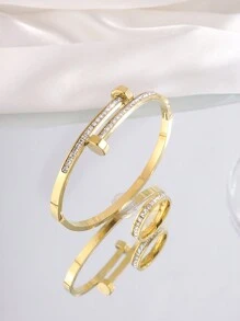 2件套精美不锈钢八角星手链戒指套装，适合女士日常佩戴 - 金色 - 查看 7