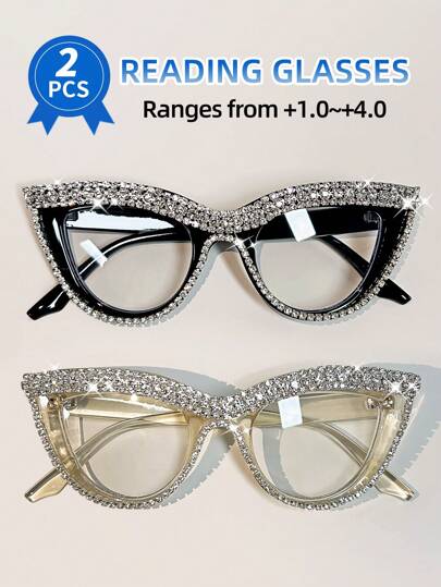 2 件装女士优雅水钻猫眼老花镜组合时尚办公电脑老花镜阅读镜 +1.0 至 +4.0 女士眼镜配件