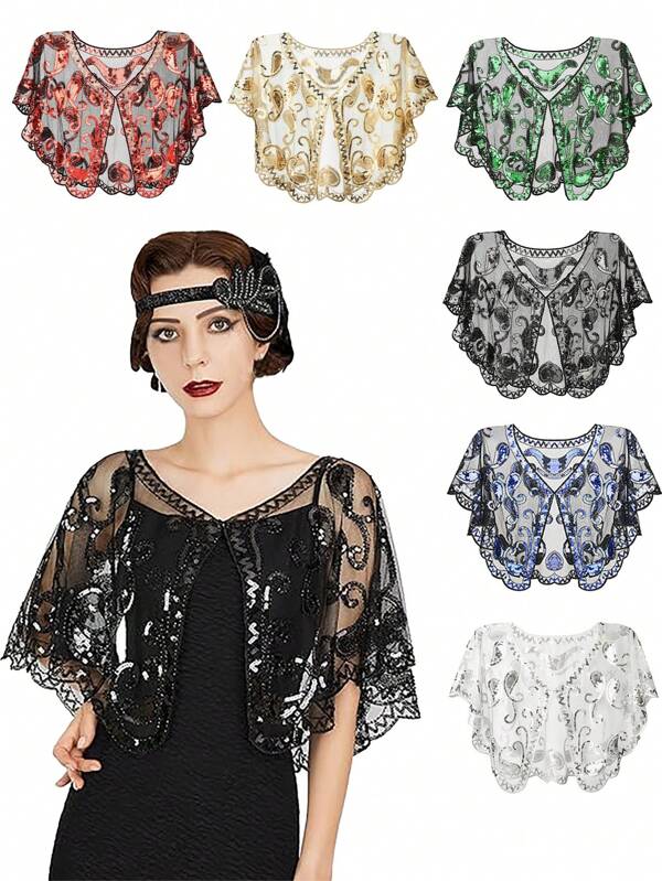 D EXCEED 1PC Women Gatsby 1920s Shawl Wraps Sequin Evening Cape Bridal Shawl Capelet Flapper Bolero Cover Up For Party Wedding Halloween Cosplay Prom