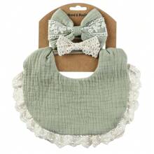 Adjustable Baby Girl Bow Headband & Saliva Towel Set, Lace Detail, Solid Color Double-Sided Waterproof Dribble Bib, Cute & Versatile - Multicolor - View 12