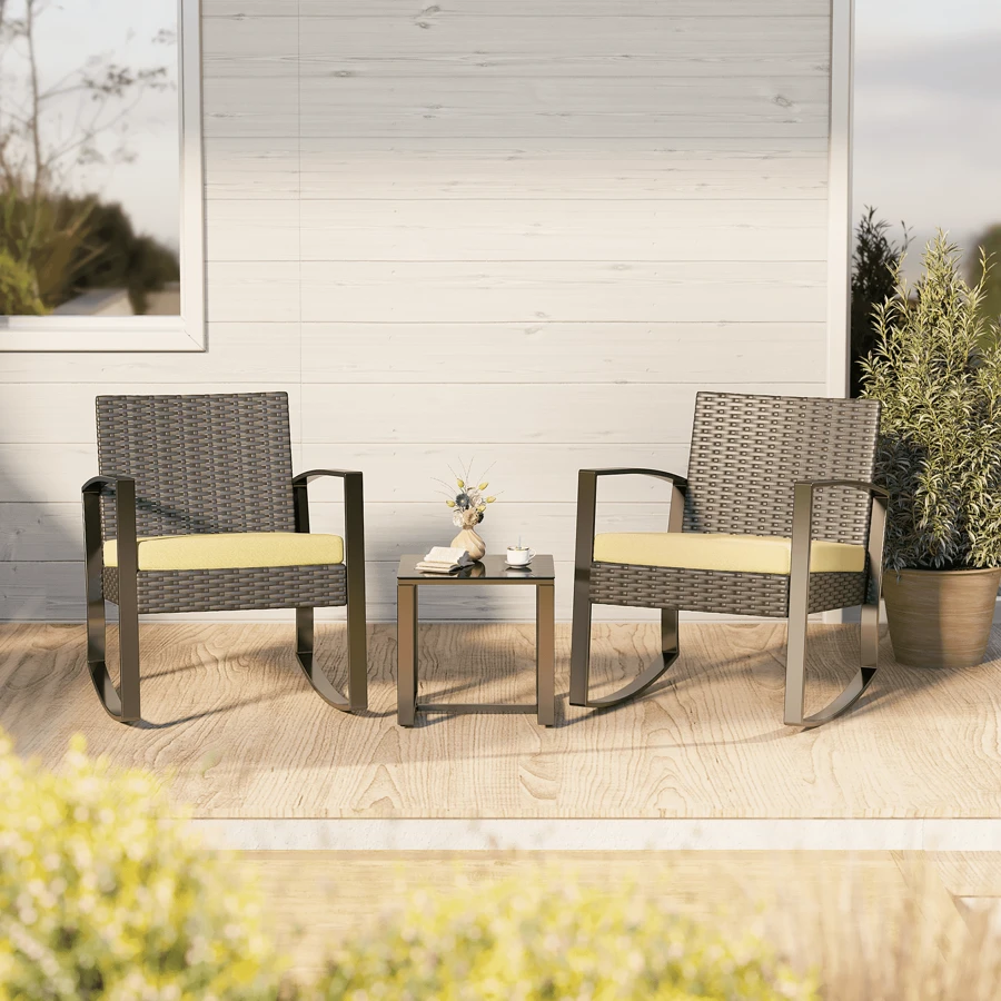 Asofer 3-Piece Wicker Muebles Set With Sofa-Style Rocking Chairs & Table, Outdoor Furniture For Camping And Garden Decor - Patio Furniture Set Of 2 With Cushions For Balcony, Front Porch And Poolside - 米色 - 查看 1