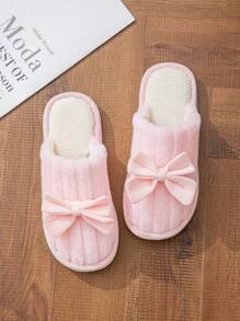 Chinelos Quentes De Pelúcia Bowknot Para Outono E Inverno, Sapatos De Maternidade Antiderrapantes Internos Para Piso De Madeira Para Mulheres