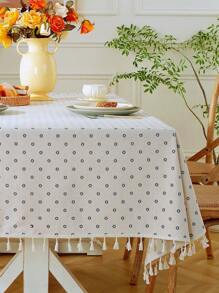 1 szt. Świeży niebieski obrus z frędzlami w kwiaty stokrotki, styl rustykalny, odpowiedni na szafkę nocną, stolik kawowy, dekorację okrągłego stołu, zmywalny, wystrój domu w wiejskim domku, kuchni, jadalni, na piknik, przyjęcie, ogród, przyjęcie herbaciane, na każdą porę roku, jesień