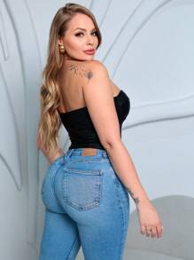 Cropped Top Corsellet Feminino Strapless Satin Shapewear Half Cup Sensual Fashion Blogger Gringa - 黑色 - 查看 4