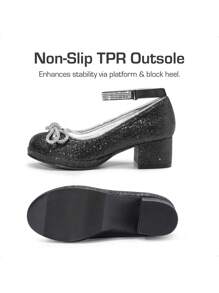 Girls Dress Shoes Low Heel Rhinestones Ankle Strap Princess  Shoes Bow Flower Party Wedding School Pump For Toddler Little Big Kid - 黑色 - 查看 5