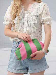 母亲节礼物，针织包，女士云朵包，条纹沙滩包，时尚手拿包，大容量手提包，休闲化妆包，腋下鸡尾酒包，节日礼品包，适合家人、姐妹和朋友存放所有美容必需品的完美礼物 - 綠色 - 查看 7