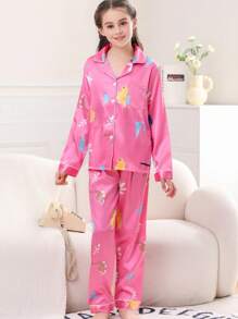 女童缎面睡衣套装长裤丝绸纽扣式长袖开衫上衣适合8-13岁儿童睡衣春秋两件套家居服 - 粉色 - 查看 4