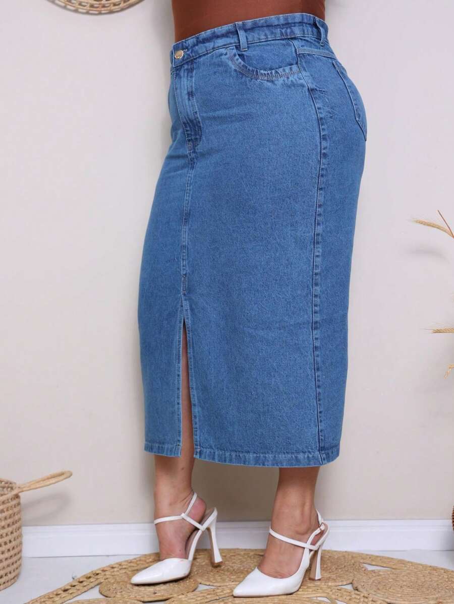 Casa de Jeans - Saia Jeans Mídi Feminina Cós Alto, Perfeita Para Mulheres Plus Size, Tamanhos 38 ao 54