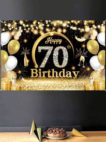 1pc 100*150cm 70th Black Gold Birthday Background Cloth, Happy Birthday Party Decoration Background Cloth,Birthday Party Gift, Room Hanging Wall Backdrop Photography Props Banner - Black Gold 70 Years Old - View 2