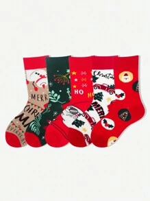 1 paar/3 paren/5 paren Vrouwen Dij Hoge Sokken Zachte Warme Dikke Cartoon Kerst Sokken Modieus Ins Paar Sport Casual Eenvoudige Grote Rode Lange Buis Sokken Unisex