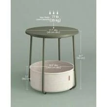 VASAGLE Small Round Side End Table, Modern Nightstand With Fabric Basket - xanh quân đội - Xem 3
