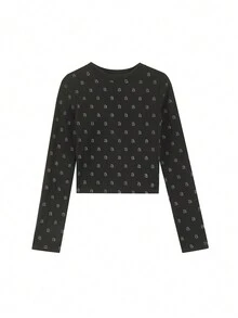 Women's Long Sleeve Cropped Letter Print Slim Fit Base Layer Top - Black - View 3