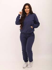 Women's Flannel Sweatshirt And Pants Set - 藏蓝色 - 查看 2