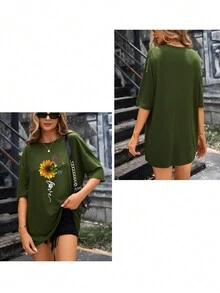 Customized Pattern Printing Women's Casual Loose Fit Crew Neck Short Sleeve T-Shirt - Army Green - View 3