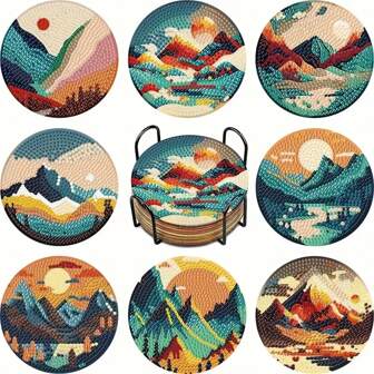 8 件/套钻石画杯垫，风景图案，带铁杯架