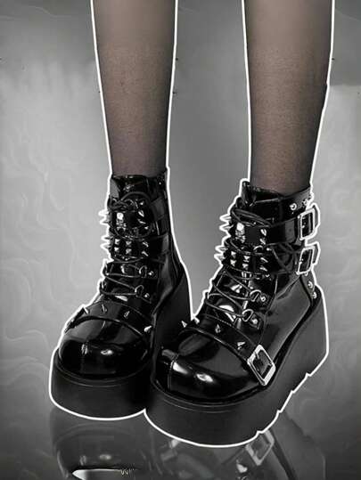 Transfer Student Series Skull Party Thick-Sole Punk Style Platform Boots Women Fashion Subculture Short Ankle Boots,Mary Janes