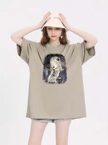 Oversized Women's Premium 100% Cotton Plus-Size T-Shirt - 卡其色 - 查看 1