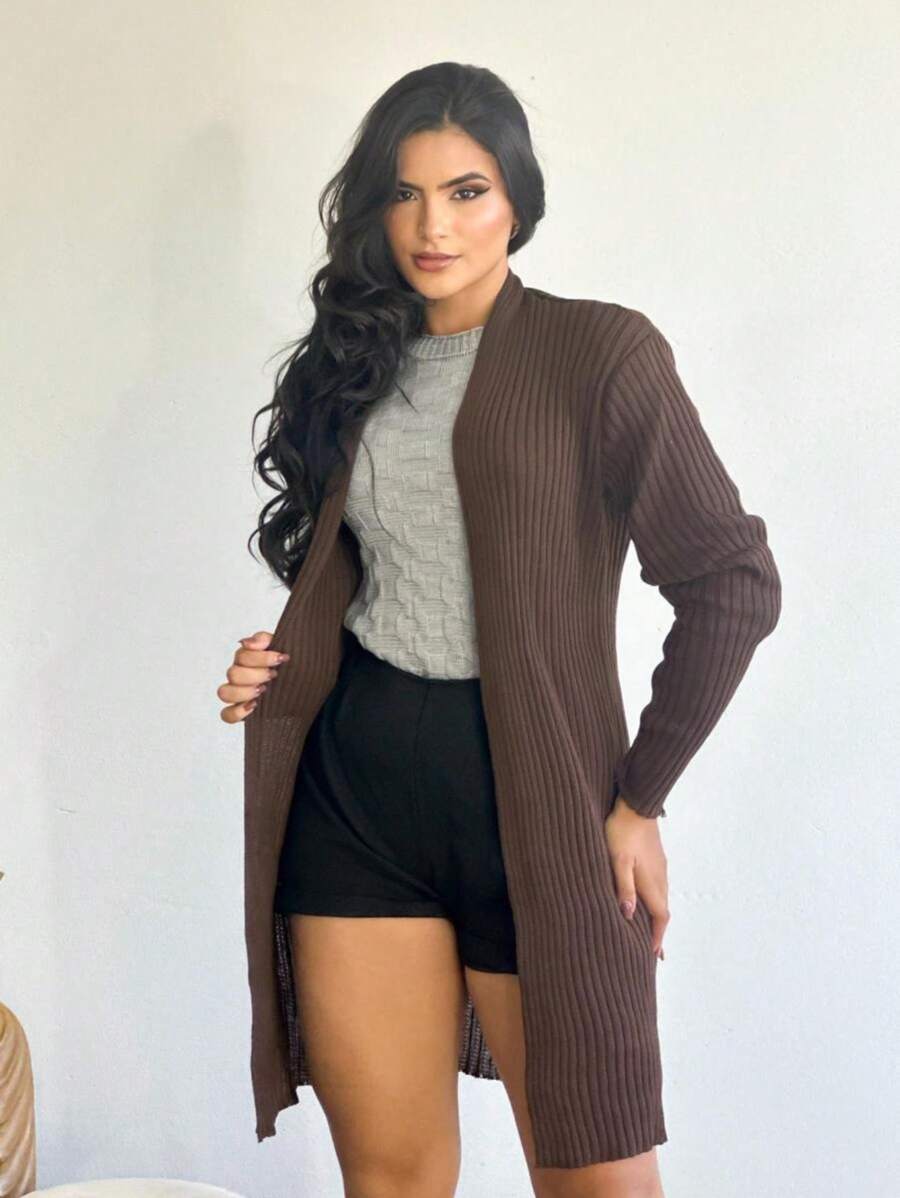 Women's Casual Plain Ribbed Knit Kimono Cardigan - 鏽棕色 - 查看 1