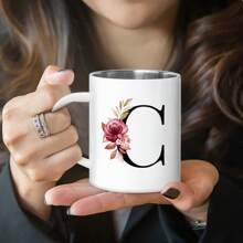 1PC, Letter Flower Print A-Z Double Wall Coffee Mug, Stainless Steel Cups, Novelty Metal Coffee Mug Gifts For Men, Monogrammed Gifts For Women, Christmas Gifts, Birthday Gift, 11 OZ White Back To School - Multicolor - View 5