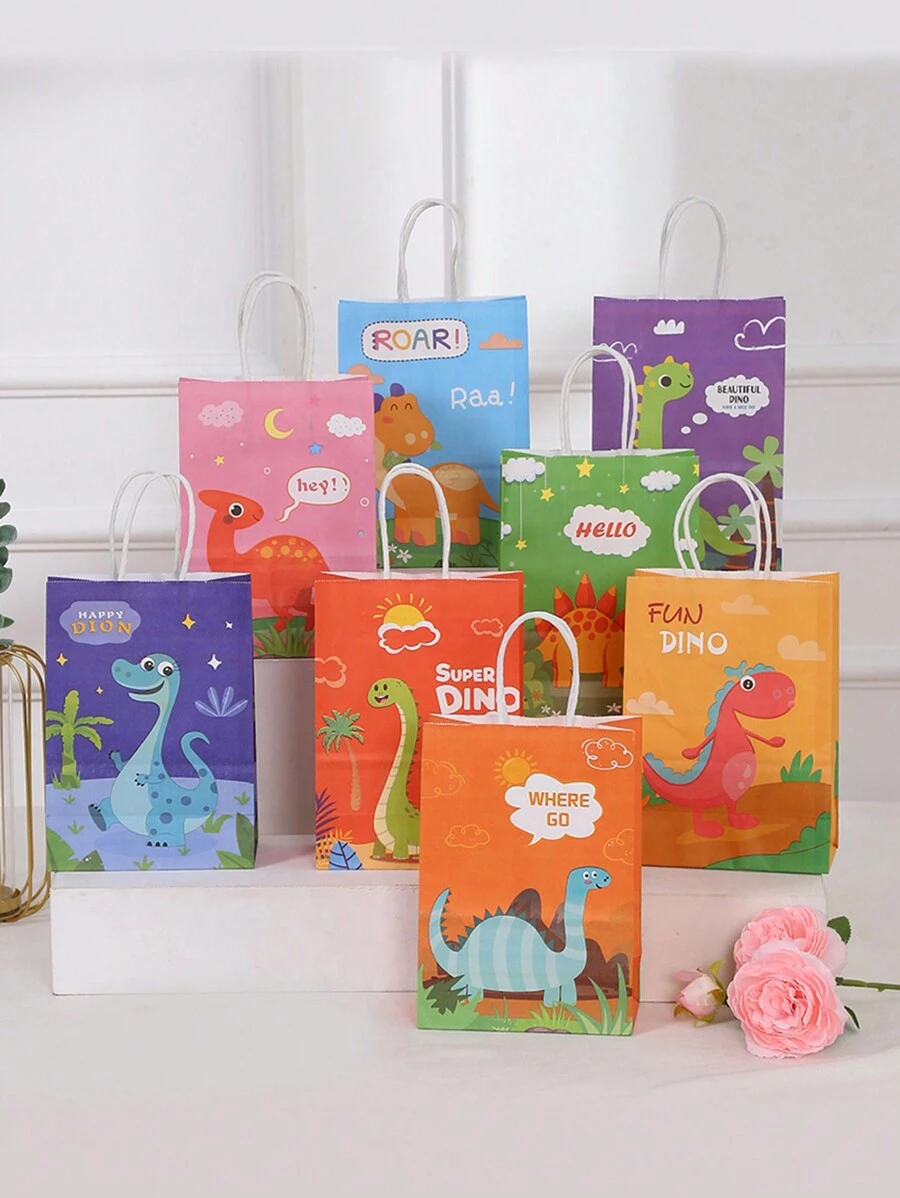 8pcs/Set 21*15*8CM Dinosaur Theme Gift Bags, Roaring Dinosaur Birthday Candy Packaging Bags, Suitable For Jungle Party Decorations - Multicolor - View 1