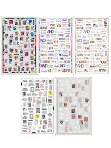 5片装3D字母美甲贴纸，彩色英文单词字母，报纸复古设计，自粘式美甲装饰，美甲沙龙设计，DIY美甲配件，适合女性和女孩 - 彩色 - 查看 3