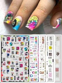 5片装3D字母美甲贴纸，彩色英文单词字母，报纸复古设计，自粘式美甲装饰，美甲沙龙设计，DIY美甲配件，适合女性和女孩 - 彩色 - 查看 1