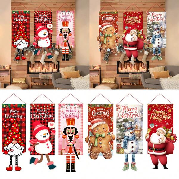 1pc Christmas Theme Flag, Cute Santa Claus, Snowman, Nutcracker Soldier, Suitable For Christmas Decoration, Door Frame, Yard Flag