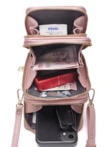 T60 Women's Wallet Bag Cell Phone Holder With 3 Zipper Crossbody Leather Wallet - 粉色 - 查看 2