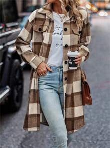 女士格子长袖休闲衬衫，春秋季，长袖上衣 - 棕色 - 查看 4