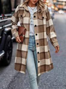 女士格子长袖休闲衬衫，春秋季，长袖上衣 - 棕色 - 查看 3