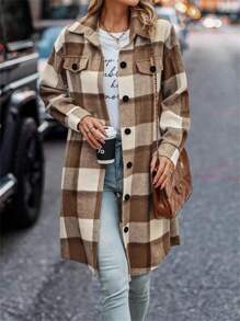 女士格子长袖休闲衬衫，春秋季，长袖上衣 - 棕色 - 查看 2