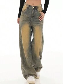 Teenager Mädchen Vintage Jeans mit weitem Bein, gerade geschnittene lose gewaschene Denimhose