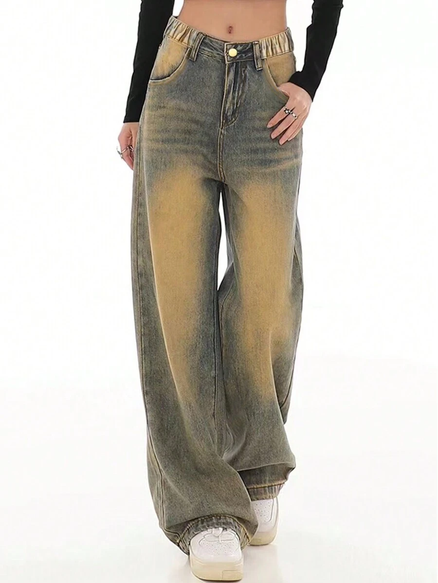 Teenager Mädchen Vintage Jeans mit weitem Bein, gerade geschnittene lose gewaschene Denimhose