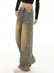 Teenager Mädchen Vintage Jeans mit weitem Bein, gerade geschnittene lose gewaschene Denimhose