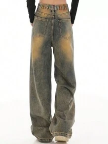 Teenager Mädchen Vintage Jeans mit weitem Bein, gerade geschnittene lose gewaschene Denimhose