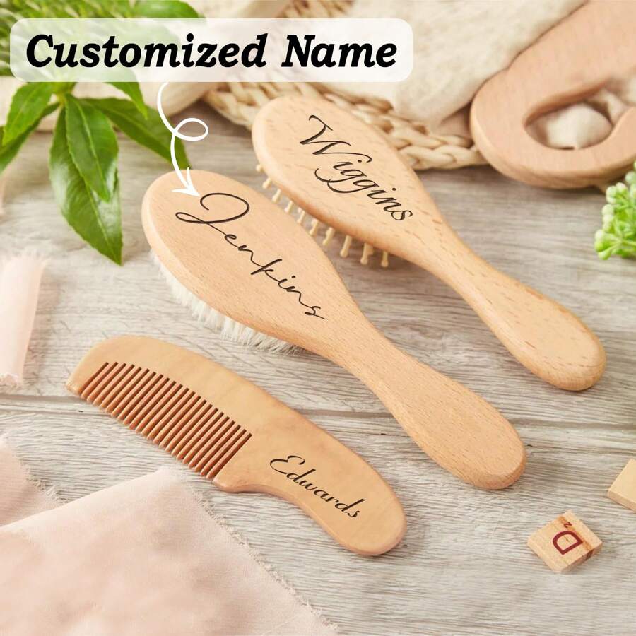 3pcs/Set Personalized Hair Comb And Brush Set, Customized Name Wooden Handle Hairdressing Comb, Souvenir Gifts