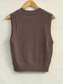 Plus Size Women's Solid V-Neck Ribbed Knit Cable Sweater Vest, Autumn/Winter - Coffee Brown - View 3