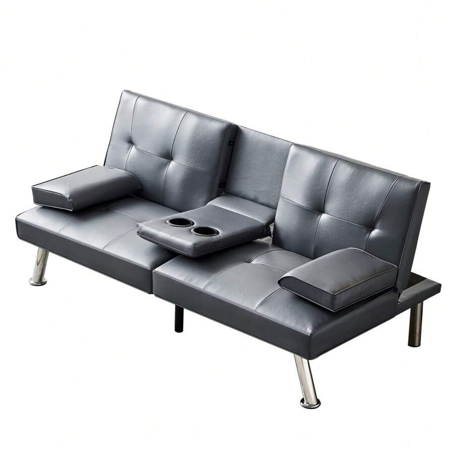 Convertible Sofa Bed Adjustable Couch Sleeper Modern Faux Leather Recliner Reversible Loveseat Folding Daybed Guest Bed, Removable Armrests, Cup Holders, 3 Angles, , Gray - 1 - View 1