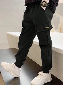 2pcs Tween Boys Casual Sports Outdoor Pocket English Graphic Cargo Pants, Spring & Autumn - Black - View 3