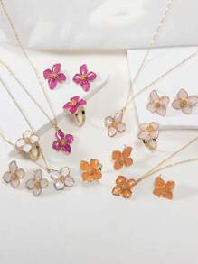 1pc Necklace, 1 Pair Earrings, 1pc Ring, Colorful Enamel Four-Petal Flower, Five-Petal Flower, Egg Flower Floral Jewelry Set, 4pcs/3pcs Set, Suitable For Daily Wear, Vacation, Party, Gifts For Friends - Four-petal Flower Jewelry Set - View 1